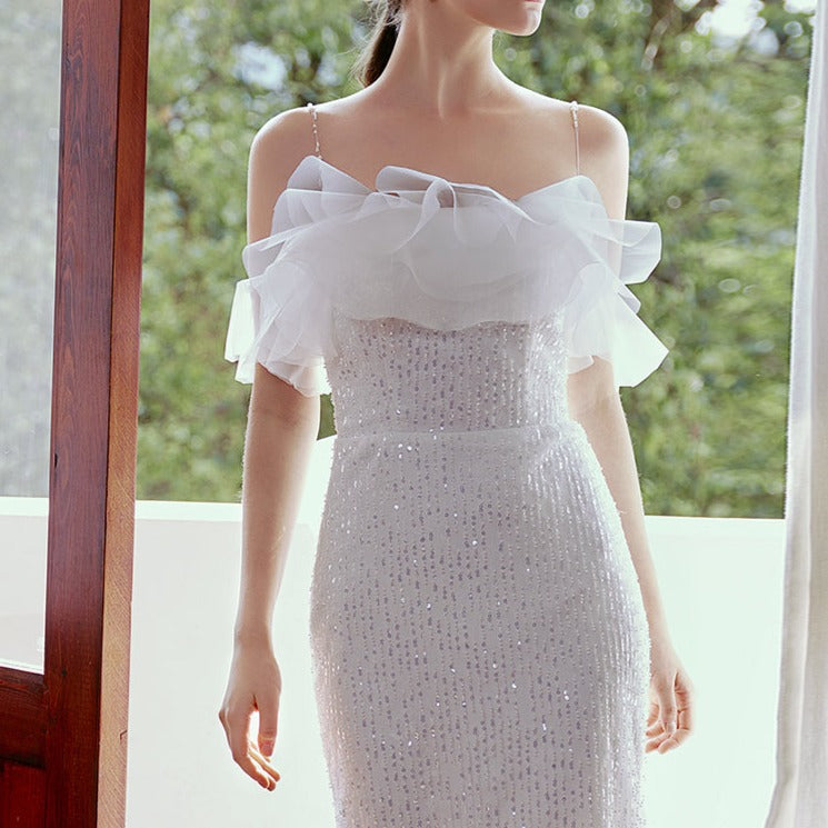 Beaded Lace Fabric Ruffle Wedding Dress