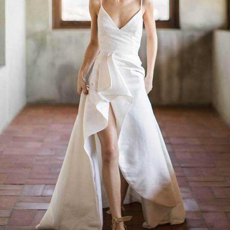 V-strap front slit plain satin open-back wedding dress