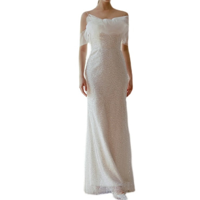 Beaded Lace Fabric Ruffle Wedding Dress