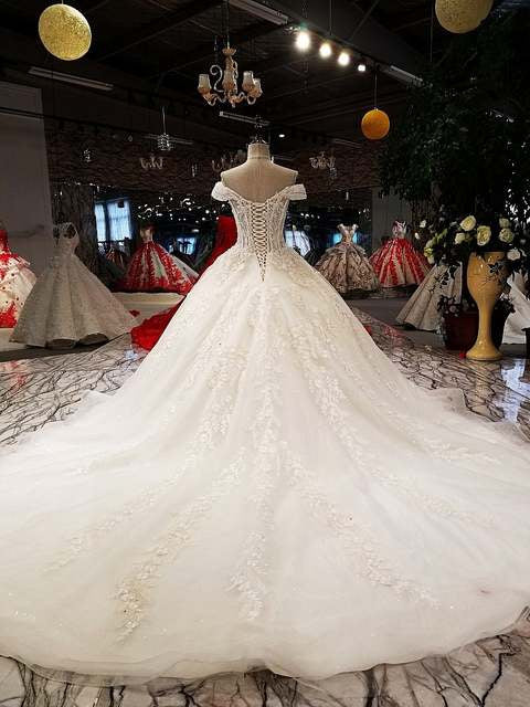 ball gown wedding dresses off shoulder sweetheart lace up wedding dress with long train from china 100% real as photos - LiveTrendsX