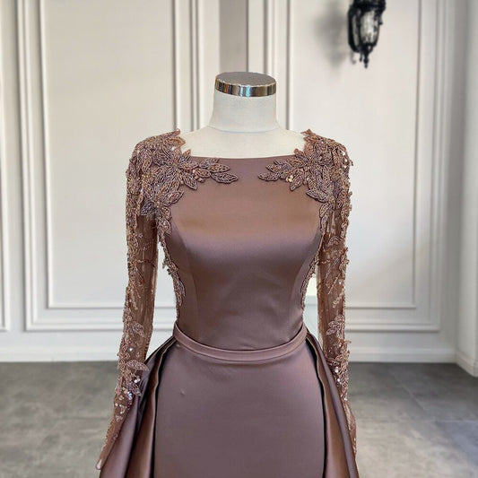 Beaded Brown Satin Women Formal Party Evening Gowns - LiveTrendsX
