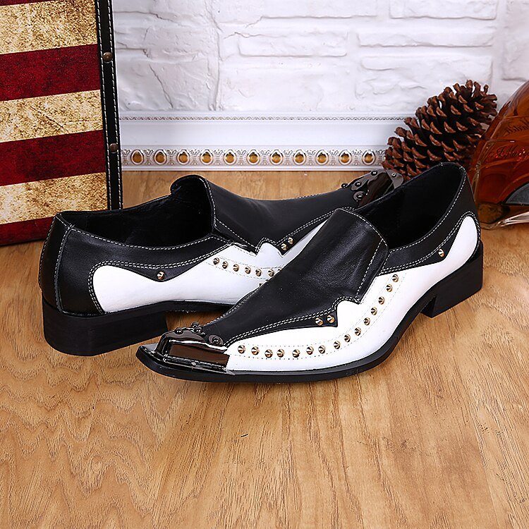 Black and White Joint Genuine Leather Rivet Party Shoes for Men - LiveTrendsX