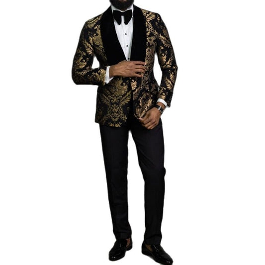 Black Floral Jacquard Prom Men Suits With Velvet Shawl Lapel - LiveTrendsX