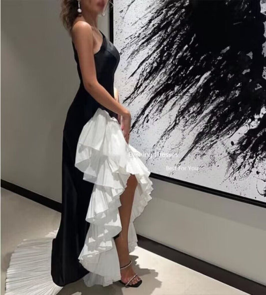 Black White Mermaid Evening Dresses One Shoulder Ruffles - LiveTrendsX