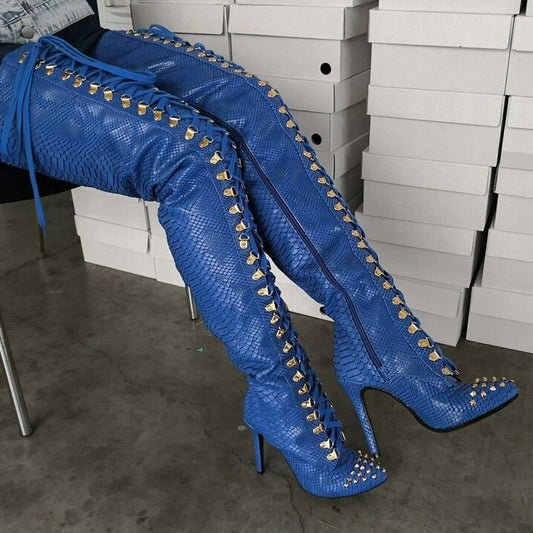 Blue Snake Prints Lace - Up Rivets Design Women Winter Thigh High Boots - LiveTrendsX