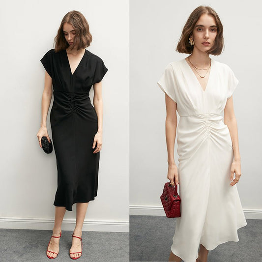 Breathable Acetate Black & White Short Sleeve V - Neck Dress - LiveTrendsX