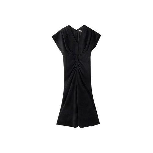 Breathable Acetate Black & White Short Sleeve V - Neck Dress - LiveTrendsX