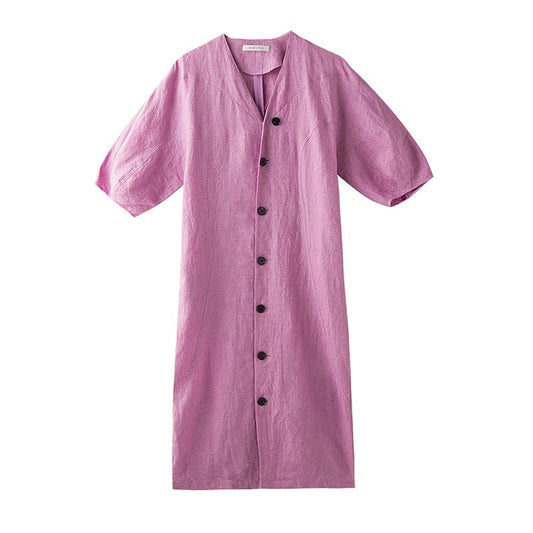 Bud - type color - spun yarn full linen V - neck short - sleeved dress - LiveTrendsX