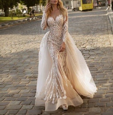 Champagne Wedding Dresses with Detachable Train V Neck - LiveTrendsX