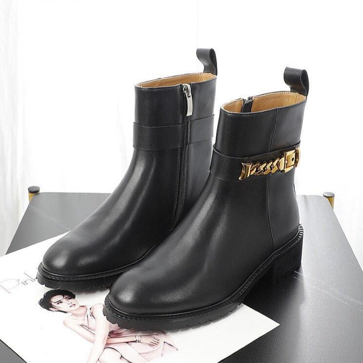 Cow Leather Metal Chain Chelsea Boots Women Chunky Shoes - LiveTrendsX