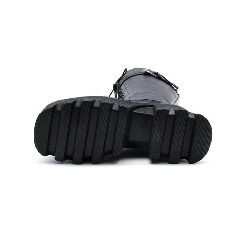 Cross Strap Belt Buckle High Chunky Heel Street Trendy Boots For Women - LiveTrendsX