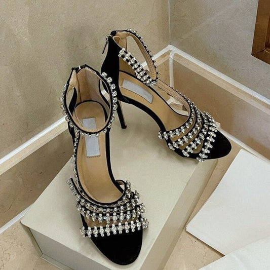 Crystal High Heels Sandals Women Rhinestone Cut Outs Wedding Shoes - LiveTrendsX