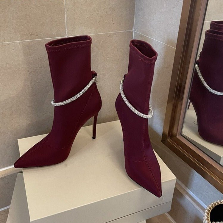 Crystal Strap Party Strip Shoes Women Pointed Toe Short Boots - LiveTrendsX