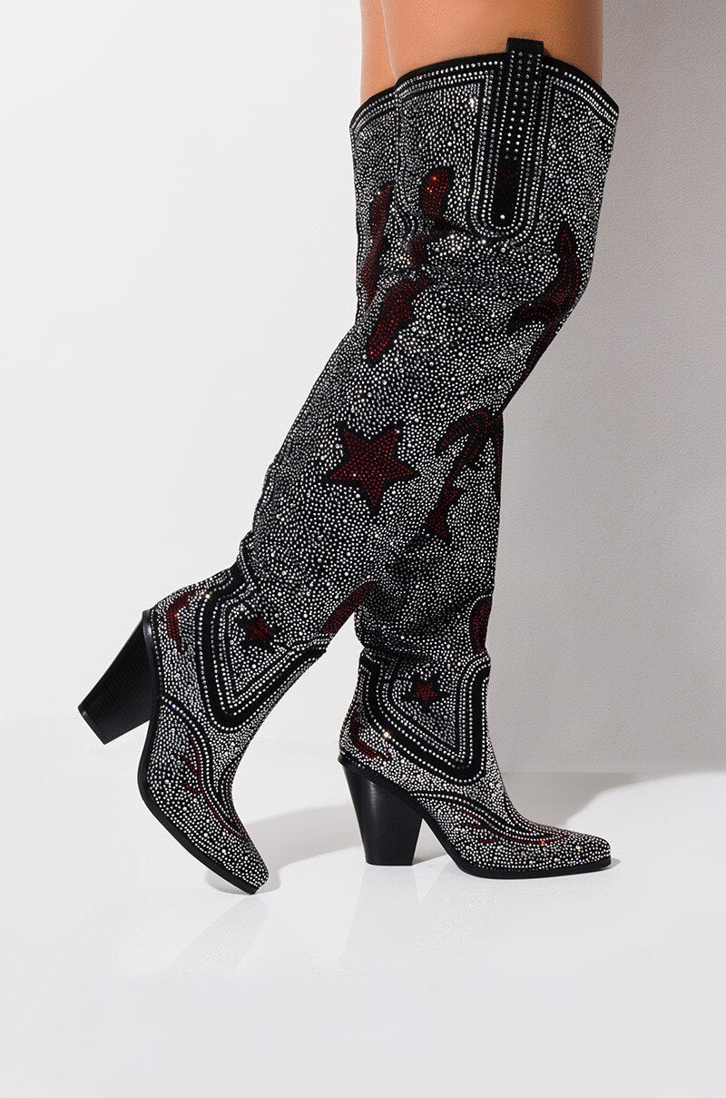 Crystal Thigh High Boots Lady Pointed Toe Over The Knee Shoes - LiveTrendsX