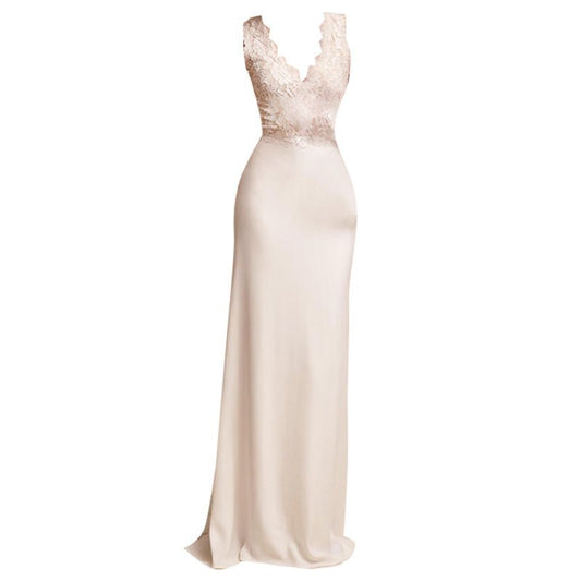 Deep V neck Lace Satin Wedding Dress - LiveTrendsX