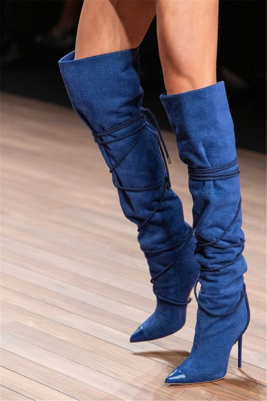 Denim Blue Cross - tied Cowboy Boots Women Pointed Toe Over knee Boots - LiveTrendsX