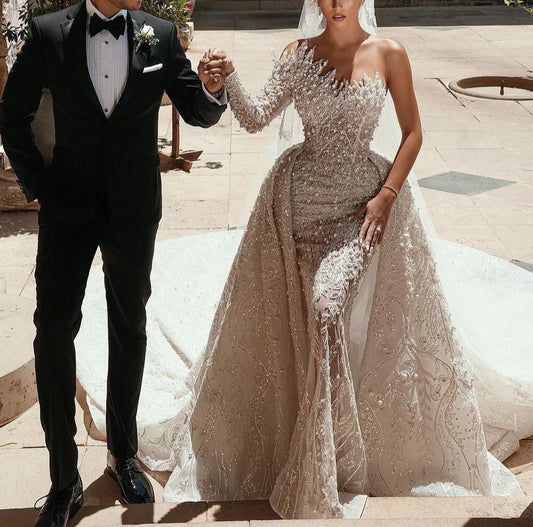 Detachable Train Lace Beading Trumpet Bridal Dress - LiveTrendsX