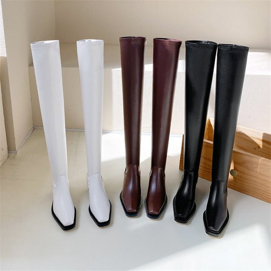 Elasticity Crude Heel Cowhide Slip On Zipper Boot For Women - LiveTrendsX