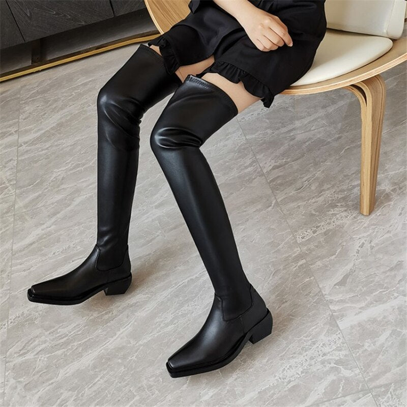 Elasticity Crude Heel Cowhide Slip On Zipper Boot For Women - LiveTrendsX