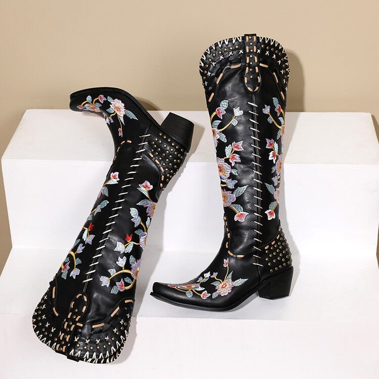 Embroidered Metal Studs Color block Women's Knee Boots - LiveTrendsX