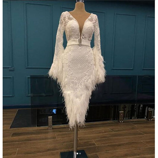 Feather Prom Dresses Lace Appliques V Neck Sash Evening Dress - LiveTrendsX