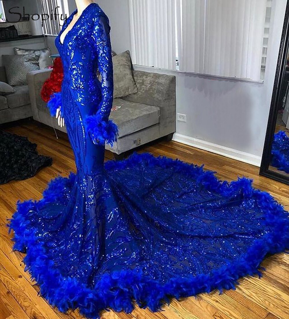 Feather Royal Blue Sequined Feather Prom Gala Party Gowns - LiveTrendsX