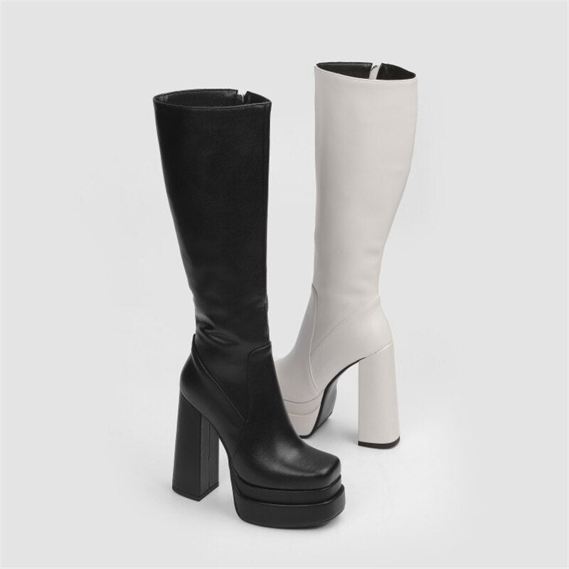 Female Double Layer Platform Square Toe Big Size Boots - LiveTrendsX