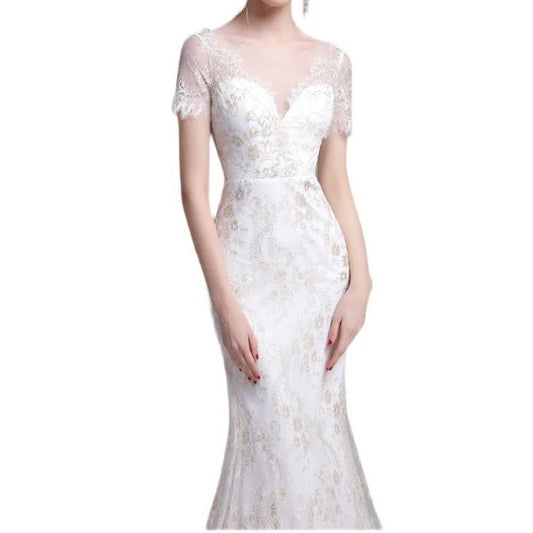 Gold Lace Short Sleeve Package Hip Fishtail Gown - LiveTrendsX