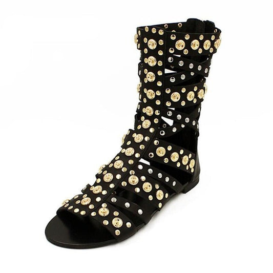 Gold Rivet Studs Women Knee High Gladiator Sandals Boots Open Toe - LiveTrendsX