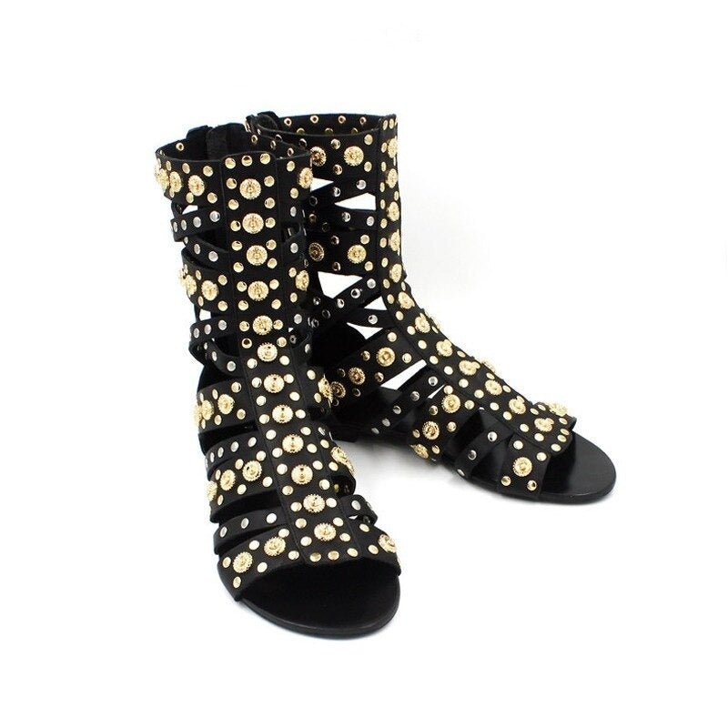 Gold Rivet Studs Women Knee High Gladiator Sandals Boots Open Toe - LiveTrendsX
