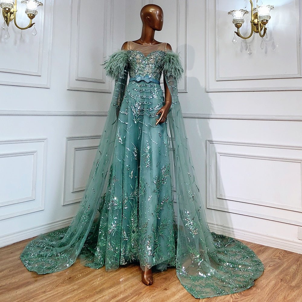 Green Capes Sleeves Luxury Evening Dresses Gowns Beaded Feather - LiveTrendsX