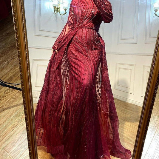 Grey Beaded With Overskirt Mermaid Evening Dresses - LiveTrendsX