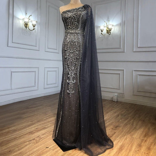 Grey Cape Sleeves Mermaid Luxury Evening Dresses - LiveTrendsX