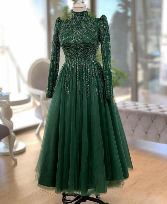 High Neck Luxury Beaded Emerald Green Tulle Women Formal Party Gowns - LiveTrendsX