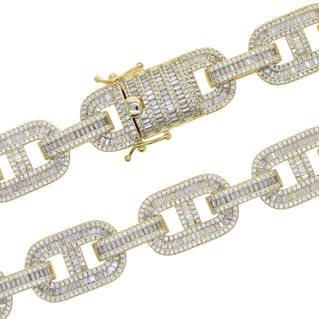 5A Baguette CZ Cuban Necklace Silver Gold Lock Pin Link Chain