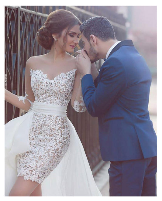 Elegant Lace Of 2 In 1 Mermaid Wedding Dresses Beach With Detachable Skirt Long Sleeve Bride Dress - LiveTrendsX