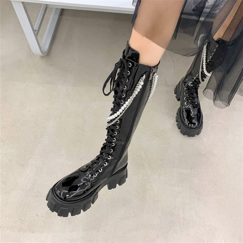 Knee High Boots For Women Punk Metal Decoration Round Toe Flats - LiveTrendsX