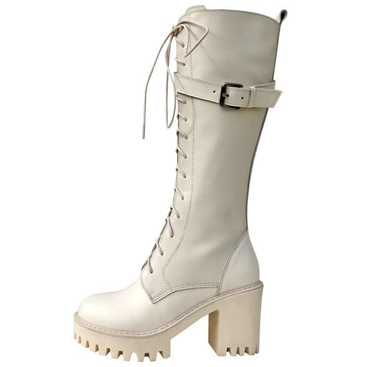 Knee High Motorcycle Boots Female Round Toe Platform Pumps Shoes - LiveTrendsX