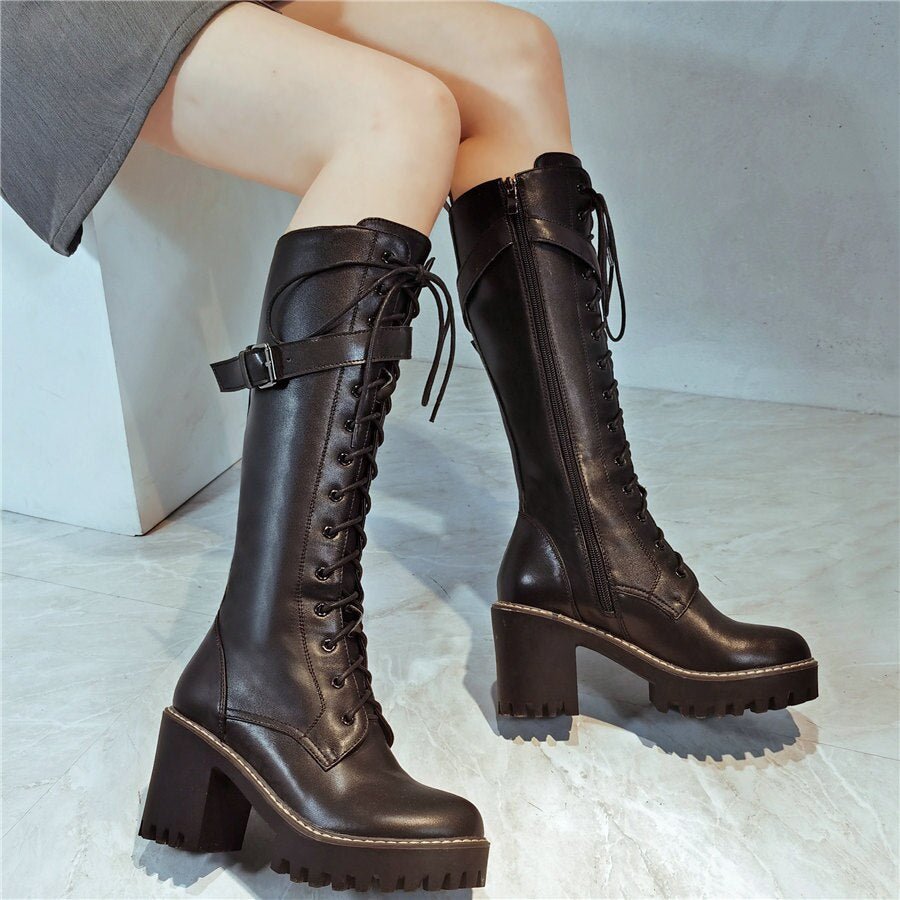 Knee High Motorcycle Boots Female Round Toe Platform Pumps Shoes - LiveTrendsX