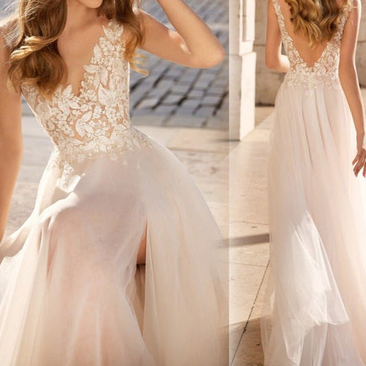 lace deep V - neck slim wedding dress - LiveTrendsX