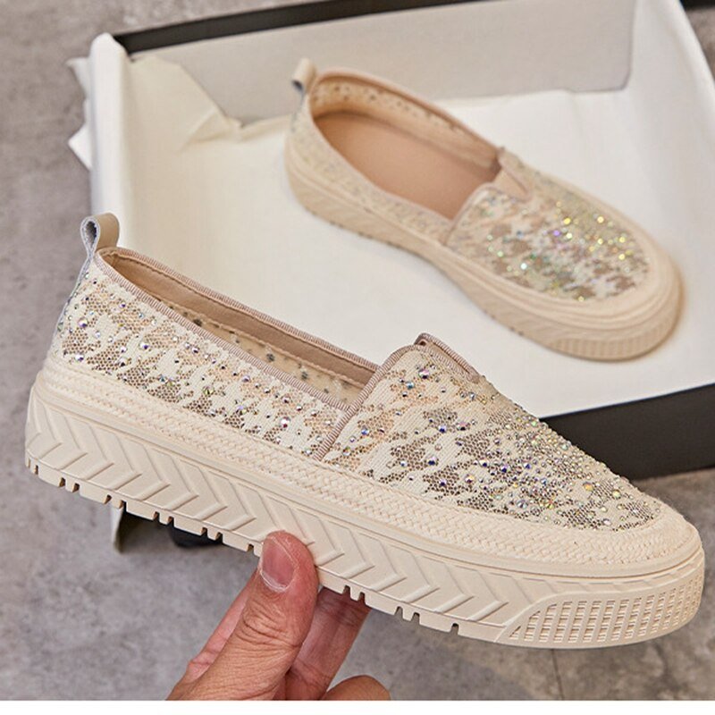 Lace Slip - on Flats Women Round Toe Crystal Mary Janes Shoes - LiveTrendsX