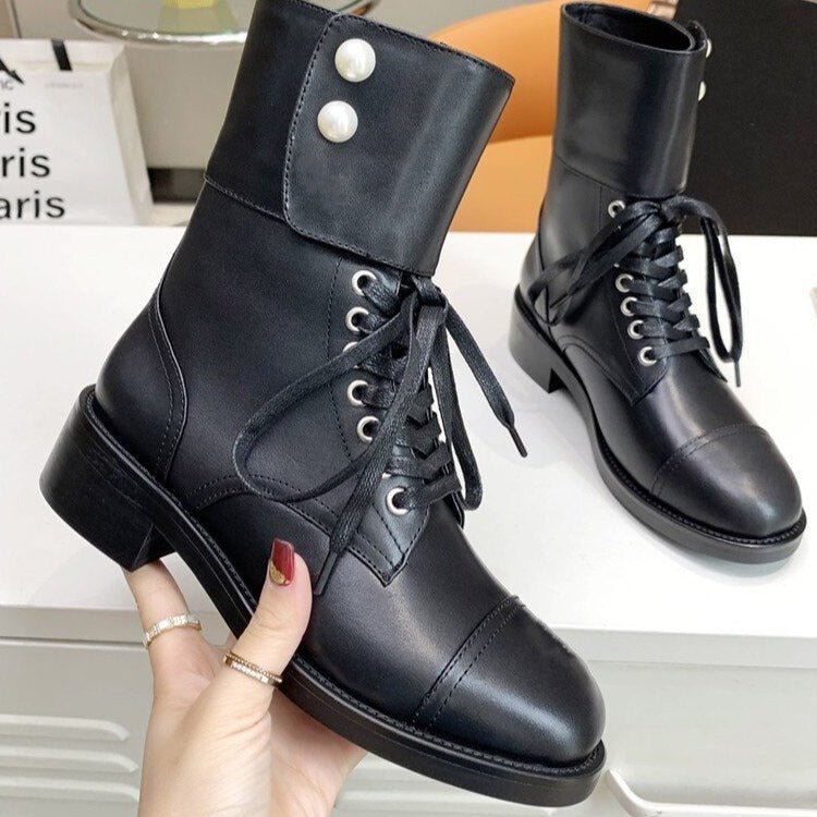 Lace Up Real Leather Martin Boots Women Pearl Chelsea Boots - LiveTrendsX
