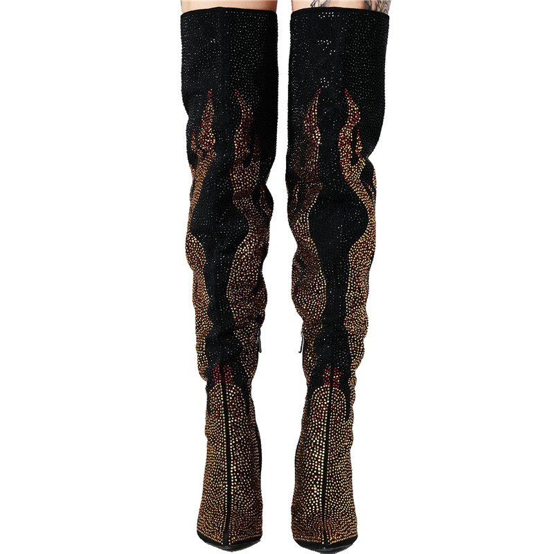 Ladies High Heel Winter Shoes Rhinestone Pointed Toe Thigh High Boots - LiveTrendsX