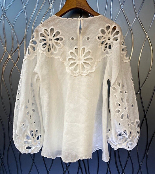 Ladies Hollow Out Embroidery Lantern Sleeve Casual Loose Tops - LiveTrendsX