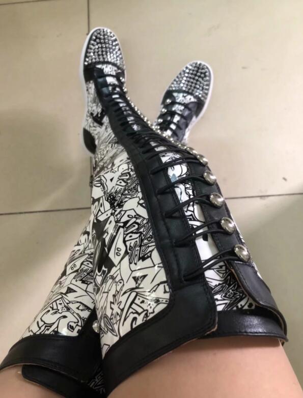 Ladies Metal Rivets Studs Round Toe Lace Up Thigh Boots - LiveTrendsX