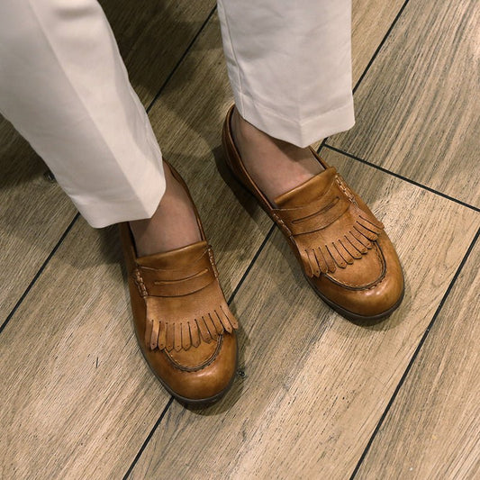 Leather retro tassel casual leather shoes handmade loafers - LiveTrendsX
