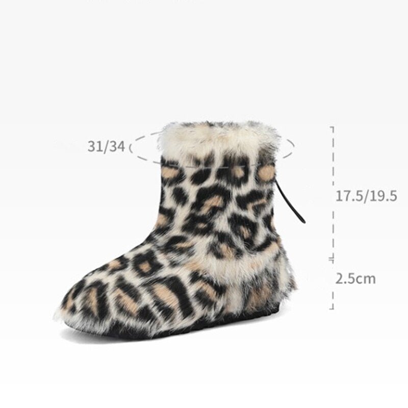 Leopard Fleece Snow Shoes Fluffy Lady's Bean Shoe Ankle Rivet Boots - LiveTrendsX