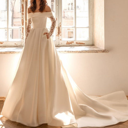 Long Sleeve Lace Elegant Satin Tube Top Long Trailing Simple Wedding Dress - LiveTrendsX