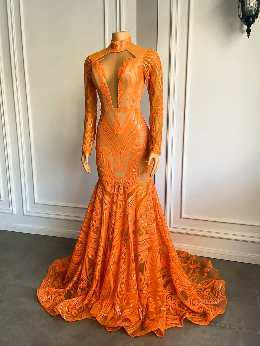 Long Sleeve Orange Sequin Girls Mermaid Real Prom Gala Party Gowns - LiveTrendsX