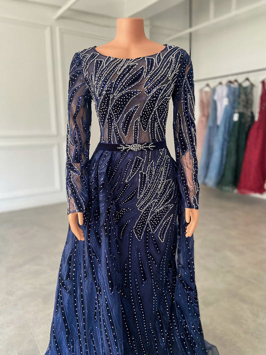Long Sleeve Women Navy Blue Formal Evening Party Gowns With Train - LiveTrendsX